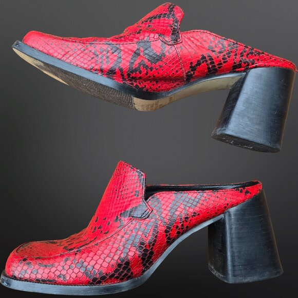Vintage 90s Bata Chunky Mules US Size 7.5 Red Black Snake Print Leather Heels - Picture 6 of 10